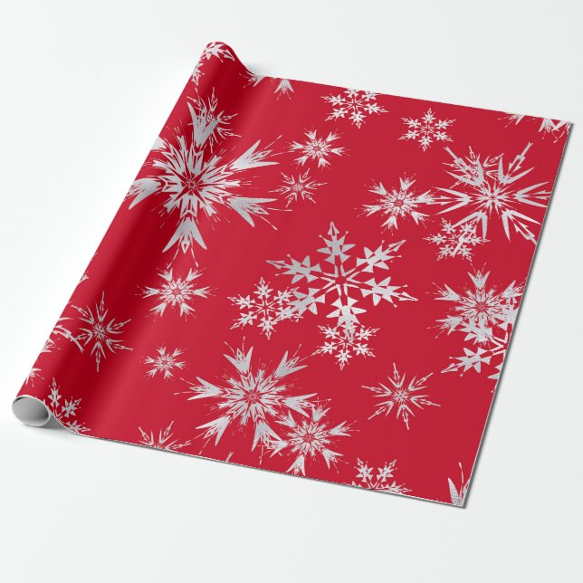 Elegante Winterschneeflocken | Roter Hintergrund Geschenkpapier (Ungerollt)