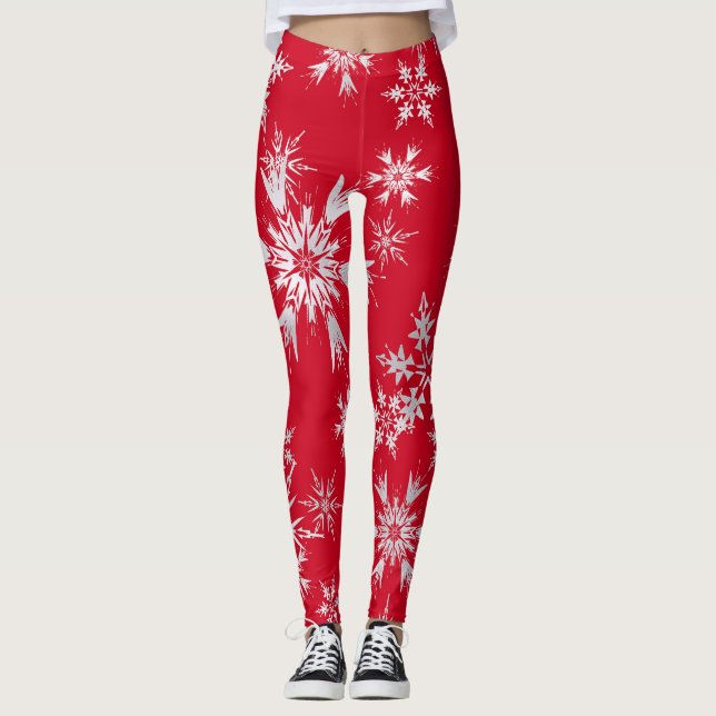 Elegante Winterschneeflocken | Roter Hintergrund Leggings (Vorderseite)