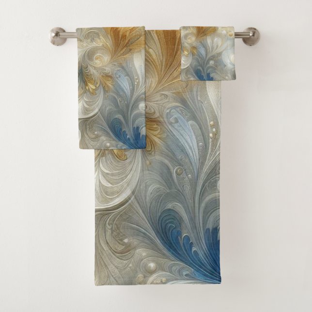 Elegante Wirbel in Gold, Silber, Blau, Gelb Badhandtuch Set (Insitu)