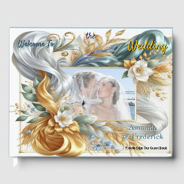 Elegante Wirbel in Gold, Silber, Blau, Gelb Gästebuch