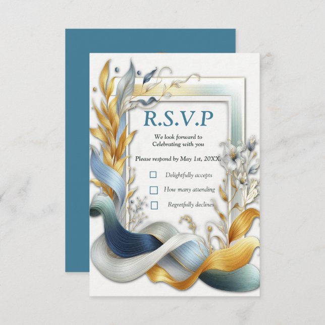 Elegante Wirbel in Gold, Silber, Blau, Gelb RSVP Karte (Vorne/Hinten)