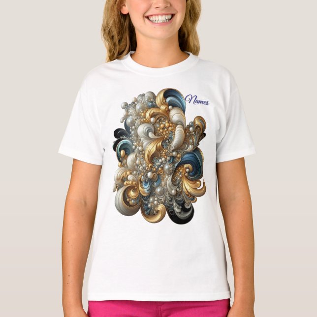 Elegante Wirbel in Gold, Silber, Blau, Gelb T-Shirt (Vorderseite)
