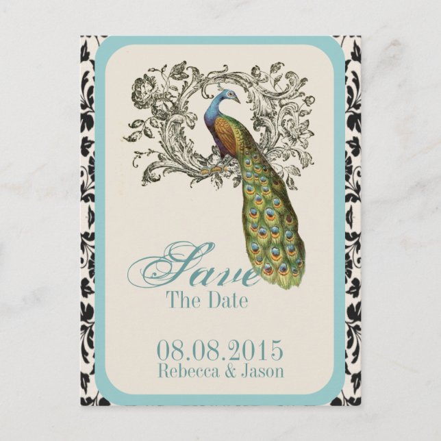 elegante Wirbel Vintage Pfauenhochzeit Ankündigungspostkarte (Vorderseite)