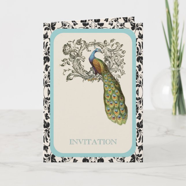 elegante Wirbel Vintage Pfauenhochzeit Einladung (Vorderseite)