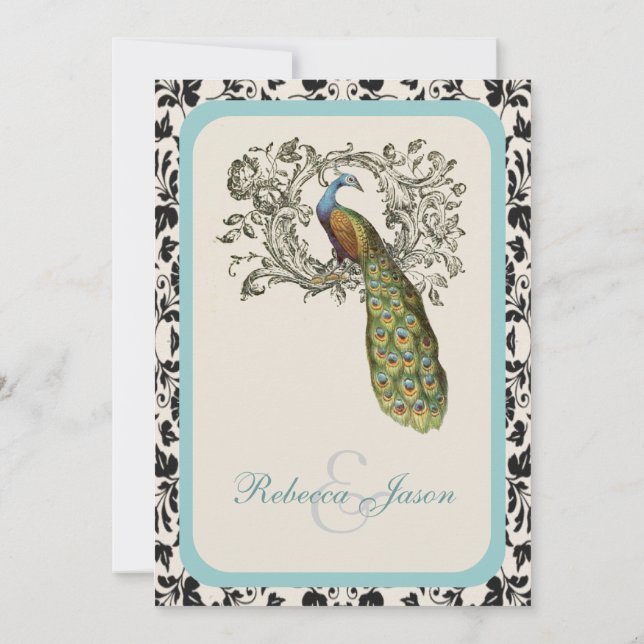 elegante Wirbel Vintage Pfauenhochzeit Einladung (Rückseite)
