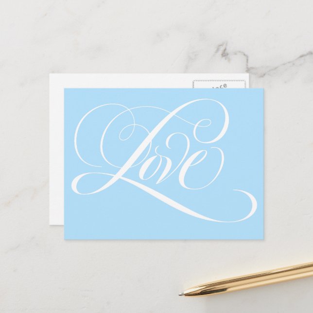 Elegante Wirble Kalligraphie LIEBE Wedding Blue Postkarte (Vorderseite/Rückseite Beispiel)