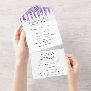 Elegante Wisteria-Aquarell-Lila Flieder-Hochzeit All In One Einladung
