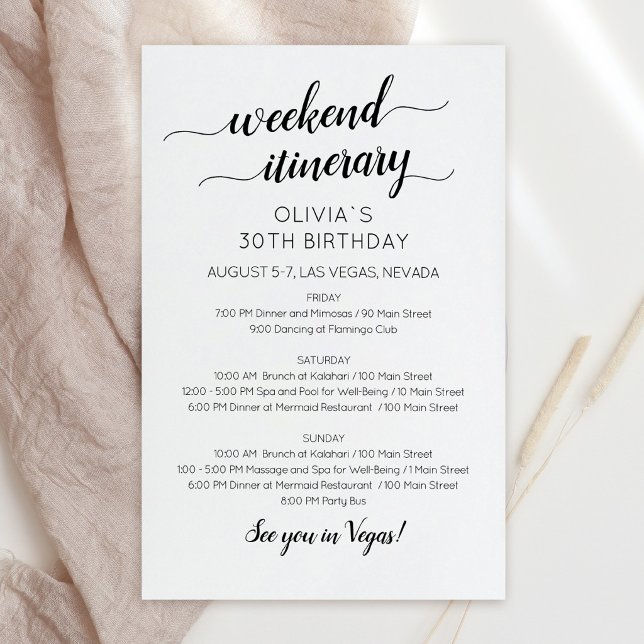 Elegante Wochenend-Geburtstags-Reiseplan-Einladung (Elegant Weekend Birthday Itinerary Invitation)