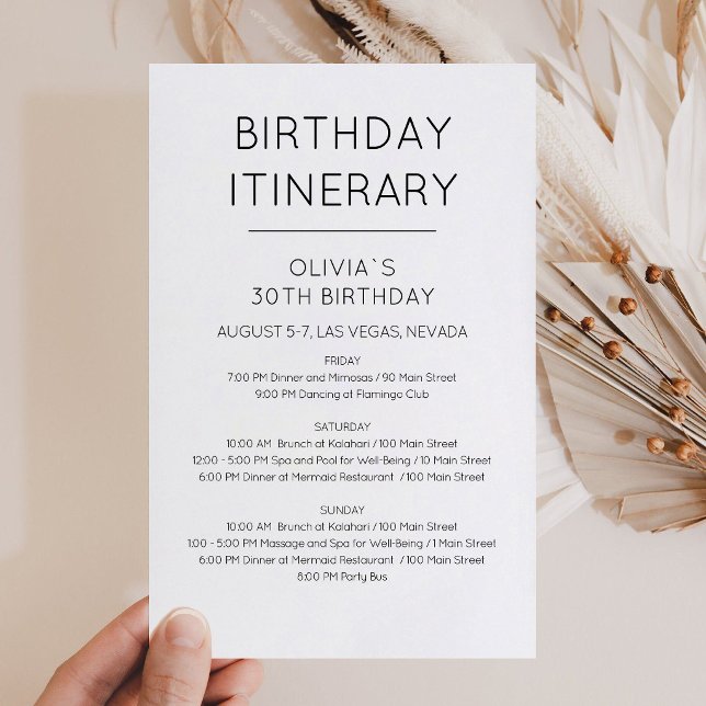 Elegante Wochenend-Geburtstags-Reiseplan-Einladung (Elegant Weekend Birthday Itinerary Invitation)