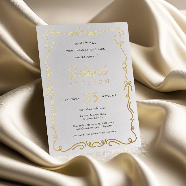 Elegante Wohltätigkeit Fundraiser Stille Auktion G Folieneinladung (Elegant white and real gold foil invitation for silent auction event with fully editable text)