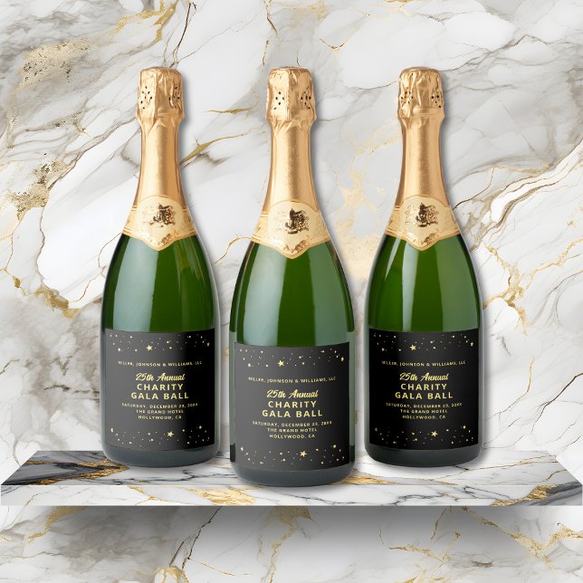 Elegante Wohltätigkeit Gala Event Schwarze Golfplä (Elegant Charity Gala Event Black Gold Stars Sparkling Wine Label with Company and Event Details.)