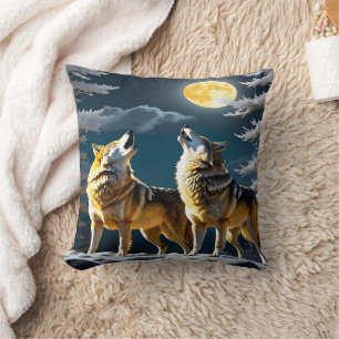 Elegante Wolves Howling unter einem Vollmond Kissen