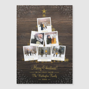 Elegante Wood & Gold Weihnachts-Multi Foto Collage Magnetkarte