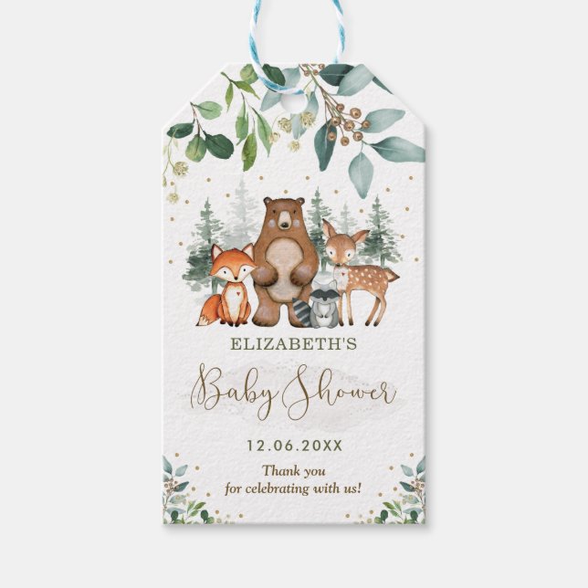 Elegante Woodland Animals Forest Baby Shower Gevor Geschenkanhänger (Vorderseite)