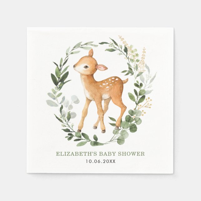 Elegante Woodland Deer Botanical Blätter Kinderdus Serviette (Vorderseite)