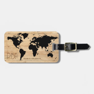 Elegante World Traveller Map Holzname Mit Monogram Gepäckanhänger