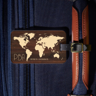 Elegante World Traveller Map Holzname Mit Monogram Gepäckanhänger