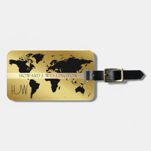 Elegante World Traveller Map Metal Mit Monogramm N Gepäckanhänger (Vorderseite horizontal)