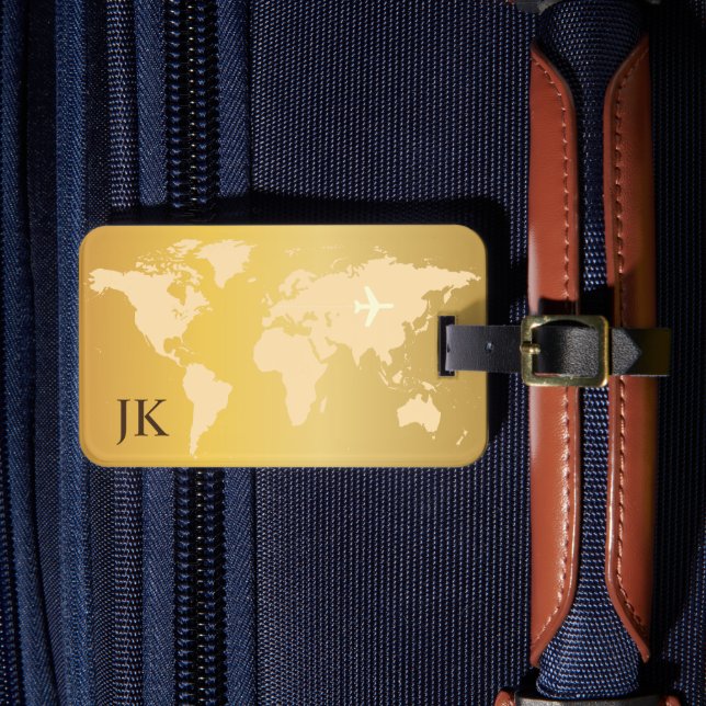 Elegante World Traveller Map Mit Monogramm Name Gepäckanhänger (Vorderseite Insitu 4)
