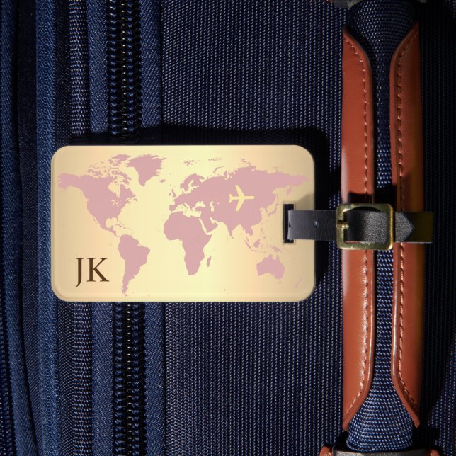 Elegante World Traveller Map Mit Monogramm Name Gepäckanhänger (Vorderseite Insitu 4)