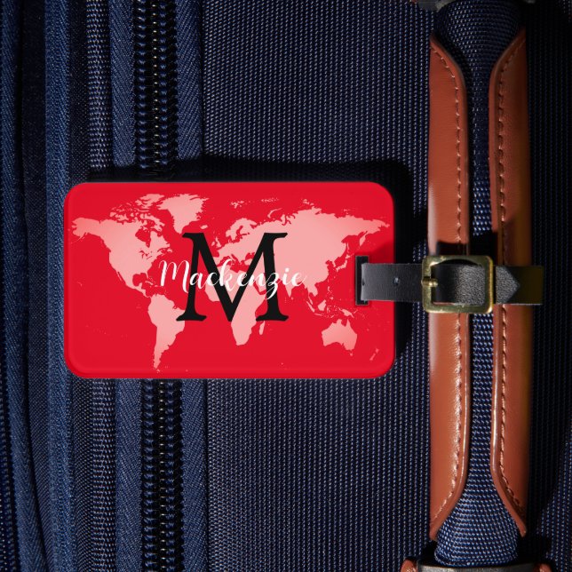 Elegante World Traveller Map Mit Monogramm Name Gepäckanhänger (Vorderseite Insitu 4)