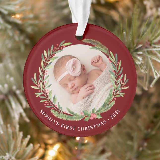 Elegante Wreath First Christmas Foto Red Ornament (Baum)