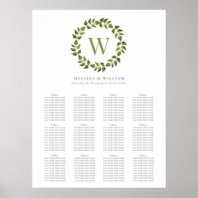 Elegante Wreath Monogram Grüne Hochzeitssessel Poster (Vorne)
