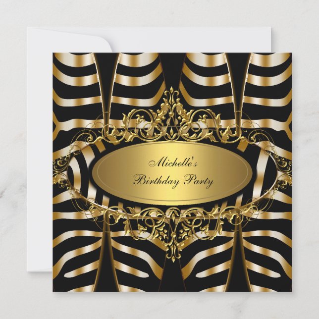 Elegante Zebra Wild Gold Black Birthday Party Einladung (Vorderseite)