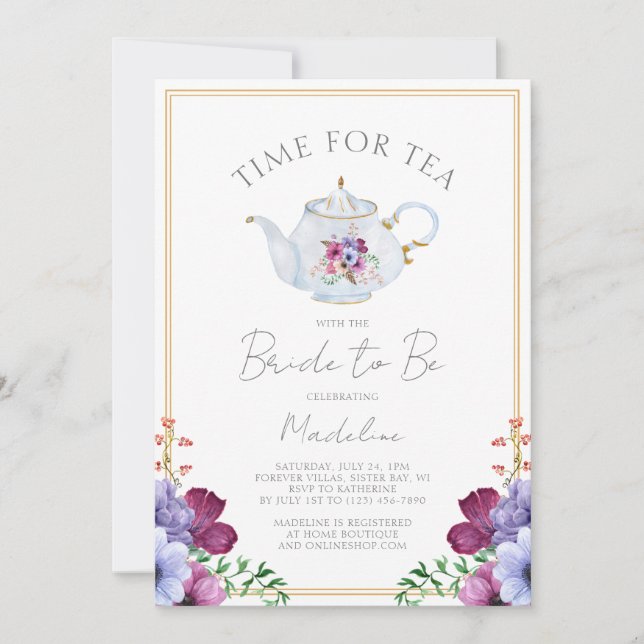 Elegante Zeit für Tea Floral Brautparty Einladung (Vorderseite)