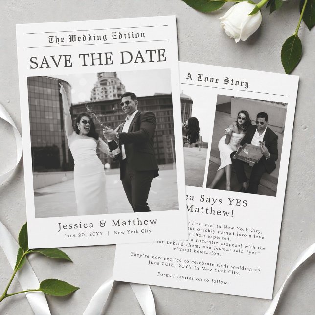 Elegante Zeitungs-Schwarz-Weiß-Foto-Hochzeit Save The Date (Elegant Newspaper Black and White Photo Wedding Save The Date)