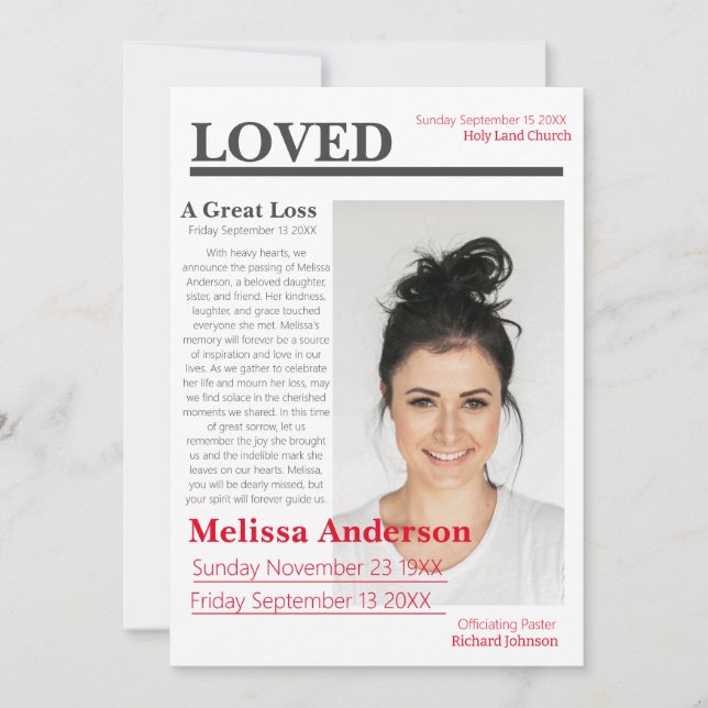 Elegante Zeitungsstil-Beerdigung Einladung (Vorderseite)