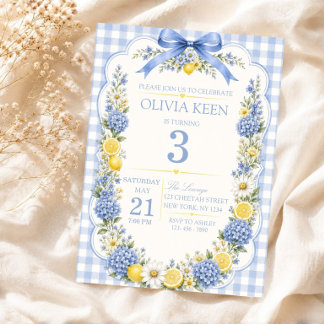 Elegante Zitrus-Gingham-Blau-Hortensie-Limonelle Einladung