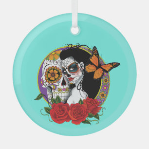 Elegante Zucker-Schädel Monarch Rot Rosen Art Nouv Ornament Aus Glas