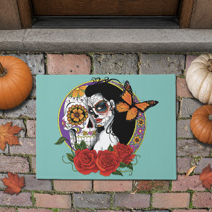 Elegante Zuckerschädel Monarch Rot Rosen Art Nouve Fußmatte