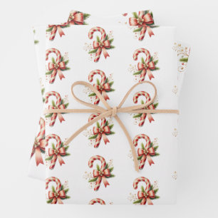 Elegante Zuckerstange mit roter Schleife Set von 3 Geschenkpapier Set