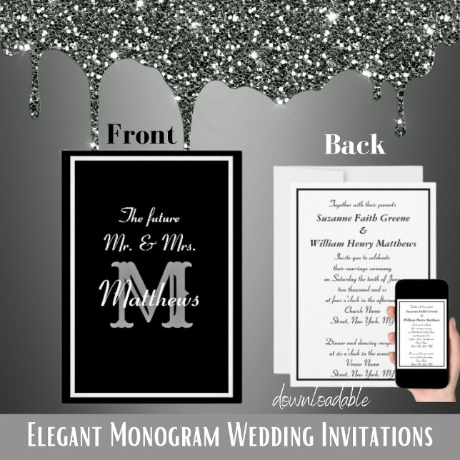Elegante Zukunft Mr Mrs Monogramm Hochzeits Einlad Einladung (Elegant Mr Mrs Monogram Black Wedding Invitations)