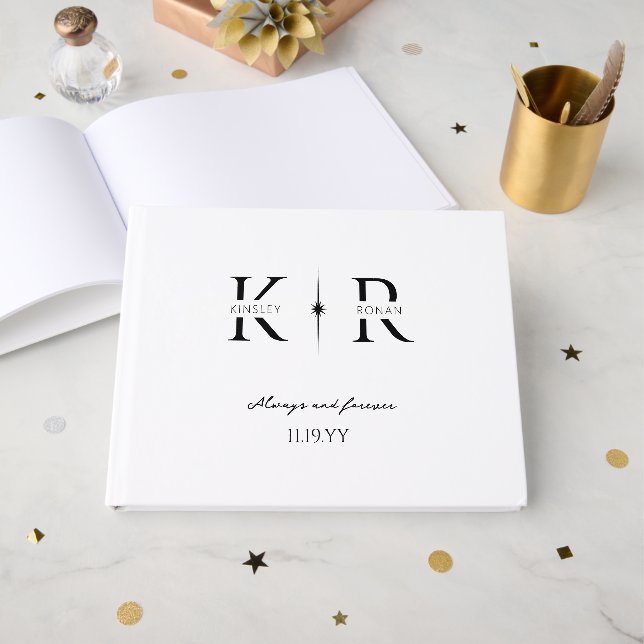 Elegante Zwei-Initialen-Monogramm-Hochzeit mit Fla Gästebuch (Vorderseite Offen)