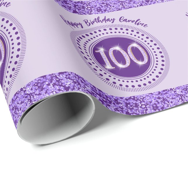 Eleganter 100. Geburtstag Lila Glitzer mit Streife Geschenkpapier (Rolleneckpunkt)