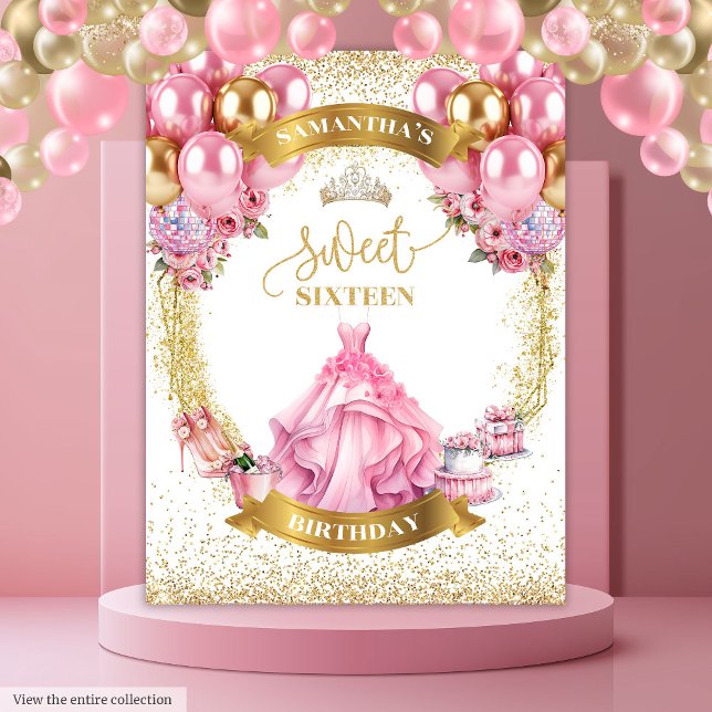 Eleganter 16 . Geburtstag Tapestry Rosa Dress Glit Wandteppich (Elegant Sweet Sixteen Tapestry Pink Dress Glitter Gold)