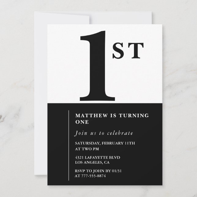 Eleganter 1. Geburtstag Einladung Black Chic Moder (Vorderseite)