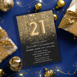 Eleganter 21. Geburtstag Black & Gold Glitzer Einladung