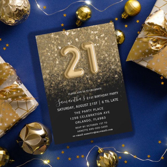 Eleganter 21. Geburtstag Black & Gold Glitzer Einladung (Von Creator hochgeladen)