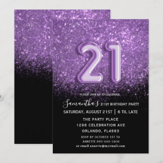 Eleganter 21. Geburtstag Schwarzer Lila Glitzer Einladung