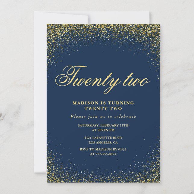 Eleganter 22. Geburtstag Einladung Navy Gold Glitz (Vorderseite)