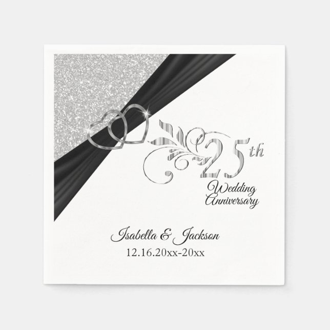 Eleganter 25. Silberner Glitzer Hochzeitstag Serviette (Vorderseite)