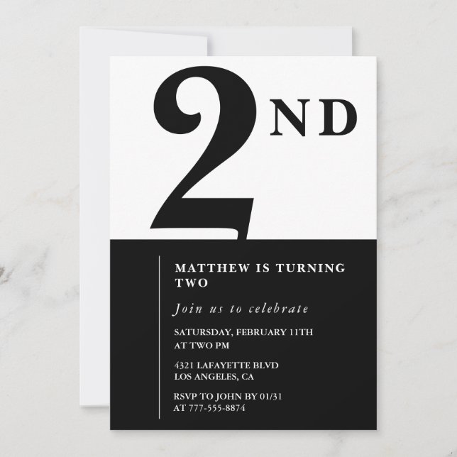 Eleganter 2. Geburtstag Einladung Black Chic Moder (Vorderseite)