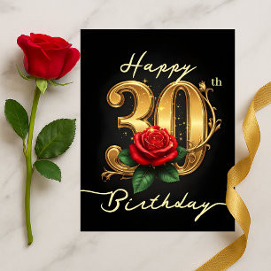 Eleganter 30. Geburtstag Gold Schrift Rot Floral Postkarte