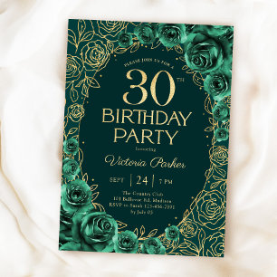 Eleganter 30. Geburtstag Smaragdgrün Gold Blumen Einladung