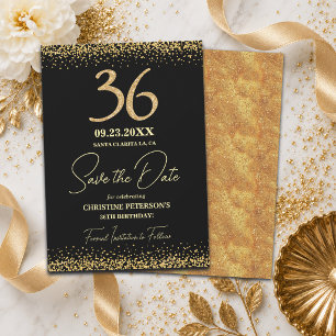 Eleganter 36. Geburtstag mit schwarzem Goldglitter Save The Date