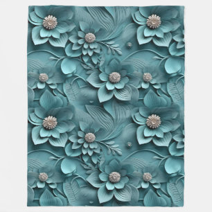 Eleganter 3D Floral Relief Aquamarin Fleecedecke